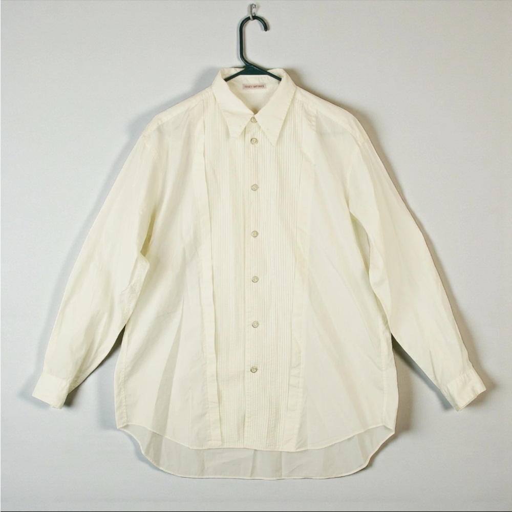 ISSEY MIYAKE Front Pleated Button Up Shirt Size XL Ivory Cotton Japan Made